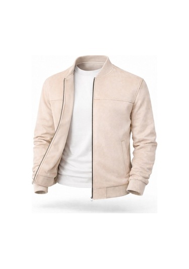 Premium Slim Fit Bomber Kolej Deri Ceket Krem