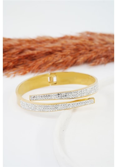 Kadın 316 L Paslanmaz Çelik Anti Alerjenik Zirkon Taşlı Bileklik -3503 Altın