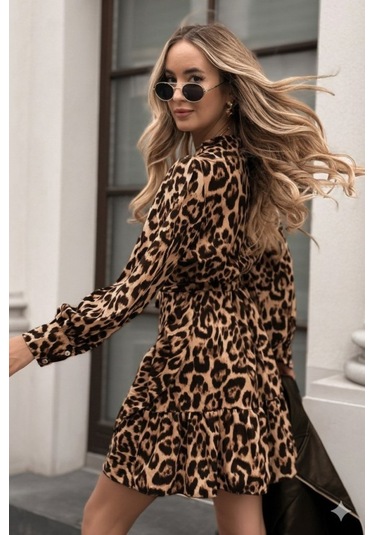 Kadın Uzun Kollu Kruvaze Yakalı Fırfırlı Belden Kuşaklı Leopar Desen Modal Elbise Leopar