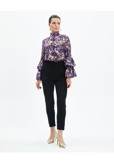 Volan Kollu Metalik Desenli Transparan Gömlek Işıltılı Ve Sofistike Stil Mor
