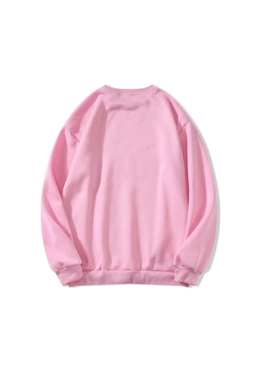 Unisex Oversize Bisiklet Yaka Basic Düz Sweatshirt - Pembe