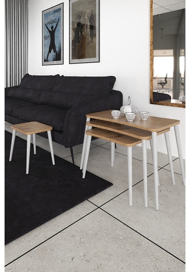 Selen 4lü Zigon Sehpa Ahşap Beyaz Ayaklı Salon Seti Çay Sehpası Ceviz