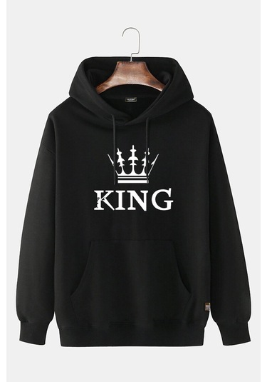 Unisex Siyah-beyaz Önü King Baskılı Kapşonlu Sweatshirt Siyah-beyaz