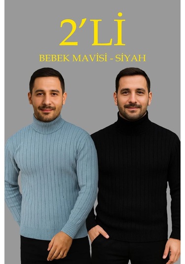 Erkek Fitilli Triko Kazak 2'li Set Bebek Mavisi Siyah Regular Balıkcı Yaka Tam Boğazlı Triko Seti Mo Bebek Mavisi - Siyah