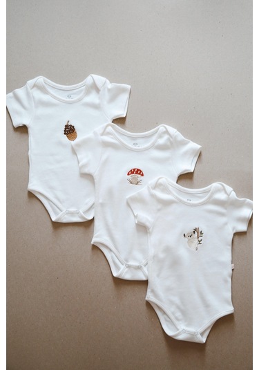 3lü Nakışlı Çıt Çıtlı Kısa Kollu Body Zıbın Model 1 Beyaz