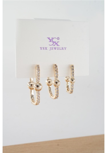 By Zeyna Aksesuar Kadın Vip Seri Antialerjik Baget Zirkon Taşlı 3'lü Küpe-5187 Altın