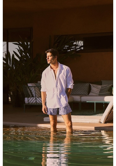 AC&Co / Altınyıldız Classics Erkek Beyaz Comfort Fit Rahat Kesim Düğmeli Yaka Keten Gömlek - Beyaz