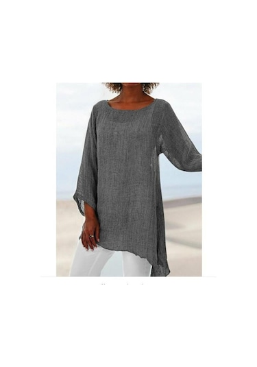 Gri Kadın Pamuklu Ve Keten Düz Renk Günlük Gömlek Düzensiz Uzun Kollu Tişört Gri