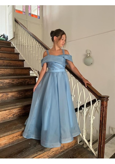 Kız Çocuk Uzun Mavi Askılı Şifon Abiye Elbise 10-14 Yaş Mavi