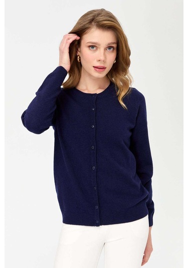 Desen Triko Kadın Sıfır Yaka Triko Yün Hırka 21031 Lacivert