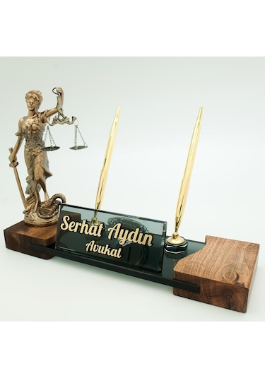 Avukatlara Özel İsimlik Adalet Themis Heykeli Masif Masa İsimliği
