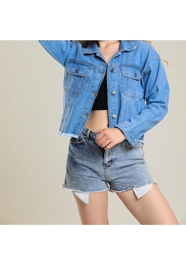 7014 Kadın Kadın Düğmeli Jeans Denim Kot Ceket Siyah