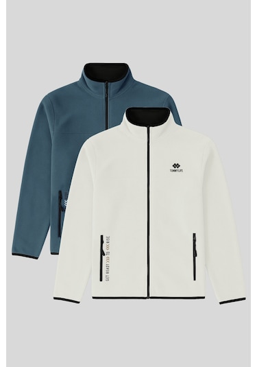 Standart Kalıp Dik Yaka 2li Paket Petrol-ekru Erkek Polar Sweatshirt - 87992 Petrol Mavisi