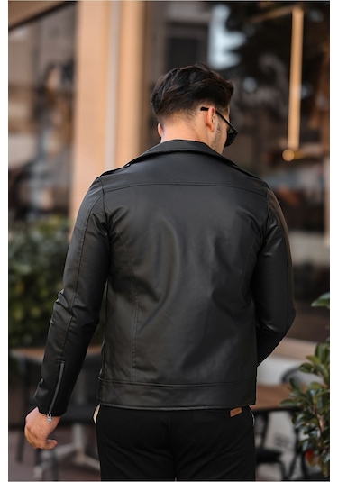 Erkek Çapraz Fermuarlı Deri Ceket Siyah