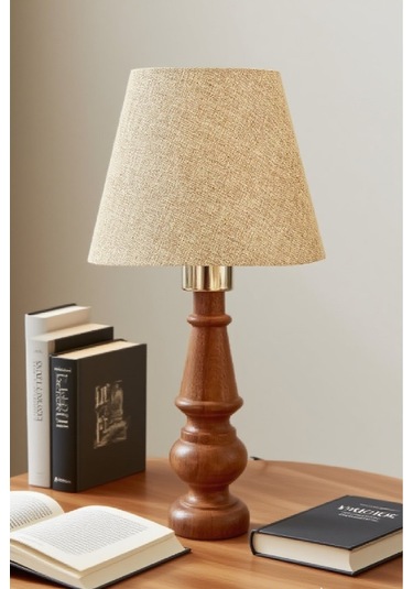 Ahşap Gövdeli Kumaş Başlıklı Dekoratif Abajur Masa Lambası Aydınlatma Lamba Ekru