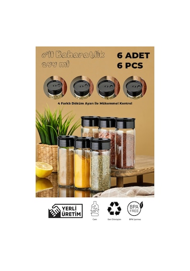 6'lı Cam Baharatlık Seti - Siyah Siyah