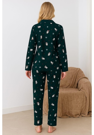 Kadın 02289 Önü Düğmeli Süet Pijama Takımı Yeşil Yeşil