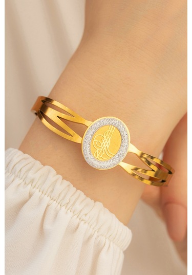 Çelik Altın Kaplama Tuğralı Zirkon Taşlı Model Kadın Bileklik
