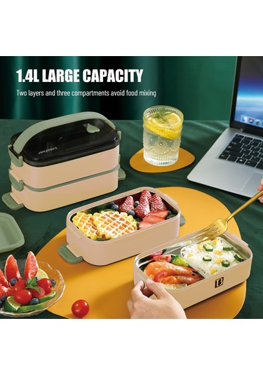 Springsun 1.4l 304 Paslanmaz Çelik Çift Katlı Isı Saklama Yemek Kutusu, 3 Bölmeli, Silikon Kapak Ve Çift Kilit, Leakproof, Ofis Çalışanları Ve Öğrencilere Uygun, Pembe Pembe