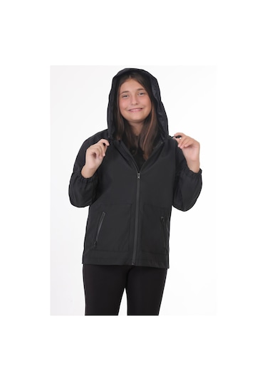 Kız Çocuk Siyah İçi Astarlı Su Ve Rüzgar Geçirmez Kapüşonlu Çift Fermuarlı Cepli Yağmurluk Siyah