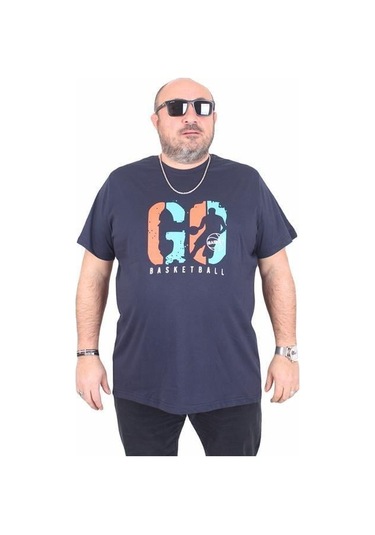 Starbattal Erkek Büyük Beden Sıfır Yaka Tişört Lets Go 25161 Lacıvert Lacivert