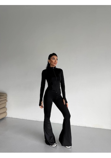 S-pazarım Kadın Balıkçı Yaka Cep Detaylı Ceket Ve Ispanyol Paça Spor Ikili Takım Siyah