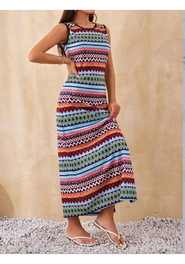 Kadın Bisiklet Yaka Cizgi Desen Süprem Elbise Haki