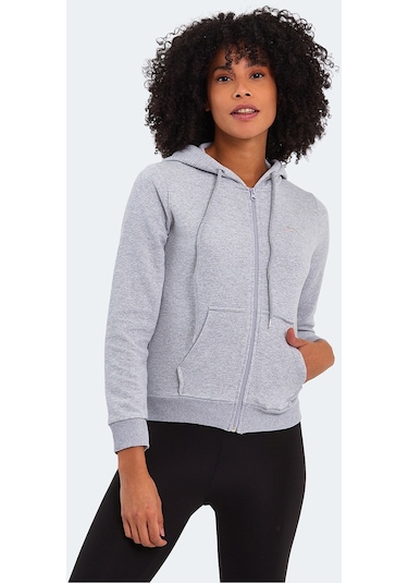 Slazenger PEMA I Kadın Fermuarlı Kapüşonlu Cepli Gri Sweatshirt