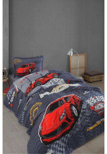 Clasy Ranforce %100 Pamuk Tek Kişilik Yatak Örtüsü Seti Racing Team V1 Mavi