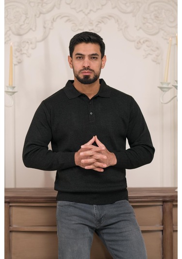 Woolen World Polo Yaka Düz Renk Yünlü Erkek Triko Kazak Antrasit