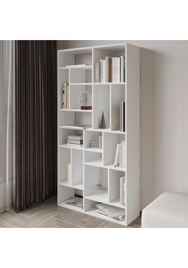 Nicola Kitaplık 18 Raflı, Modern Kütüphane Beyaz
