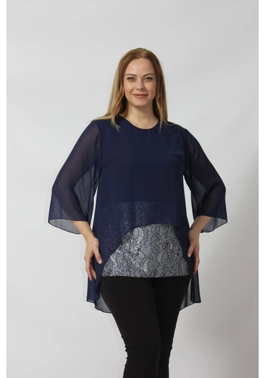 4048 Şifon -simli Dantel Kombinli Büyük Beden Bluz Lacivert Lacivert