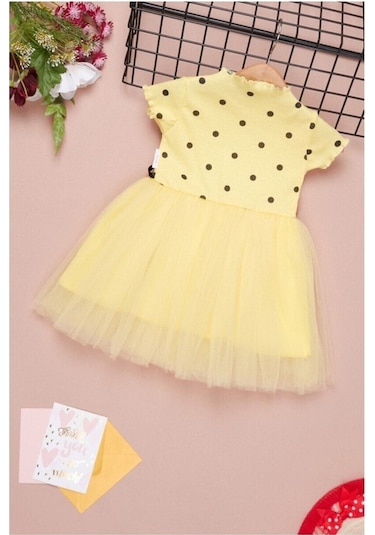 Puantiyeli Sarı Doğum Günü Ve Özel Günler İçin Kız Çocuk Tüllü Elbise 2-7 Yaş Aralığı Sarı