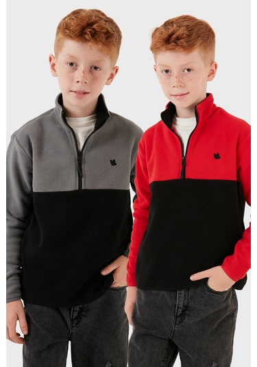 Lela Yumuşak Dokulu Yarım Fermuarlı Renk Bloklu Dik Yaka 2'Li Paket Çocuk Polar 5905004S2 Gri Siyah-Kırmızı Siyah