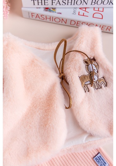 Peluş Yelekli Pamuklu İkili Kız Bebek Tulum Set Somon