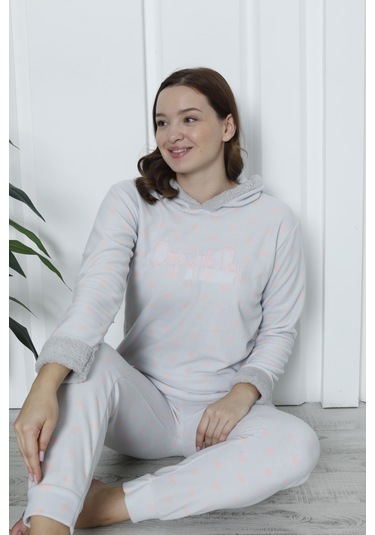Fawn 3903 Peluş Welsoft Polar Kışlık Kapşonlu Kadın Pijama Takımı Açık Gri
