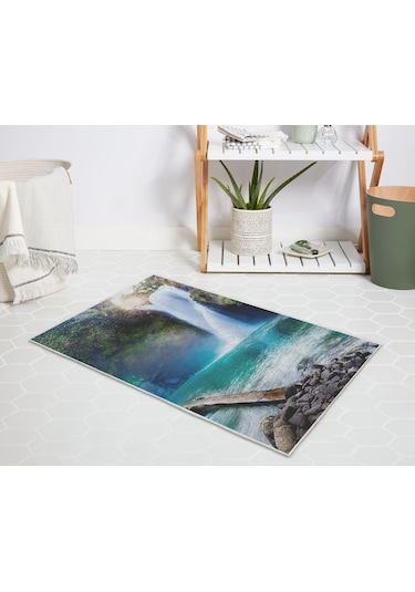 Banyo Halısı Dijital Baskılı Banyo Paspası 50x80 Polyester Kaymaz Tabanlı Duş Paspası Waterfall Mavi