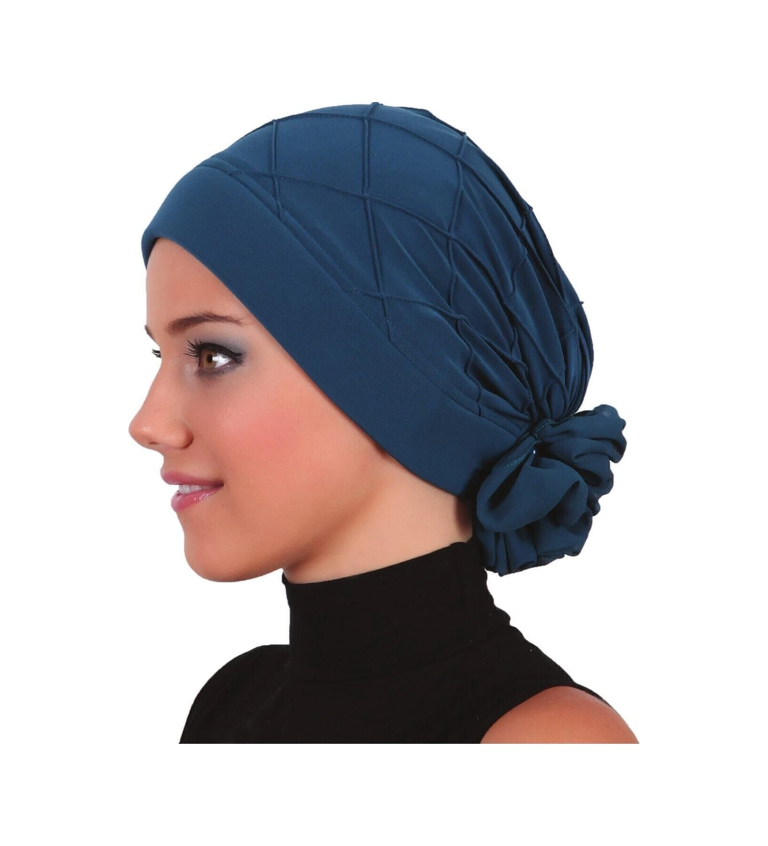 Lüks Nervürlü Arkası Şifon Aksesuarı Petrol Hazır Türban Tesettür Bone Petrol