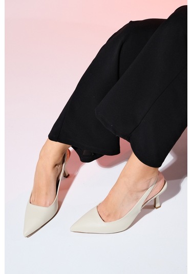 Luvishoes Flem Ekru Cilt Kadın Sivri Burun Arkası Açık İnce Topuklu Ayakkabı Ekru