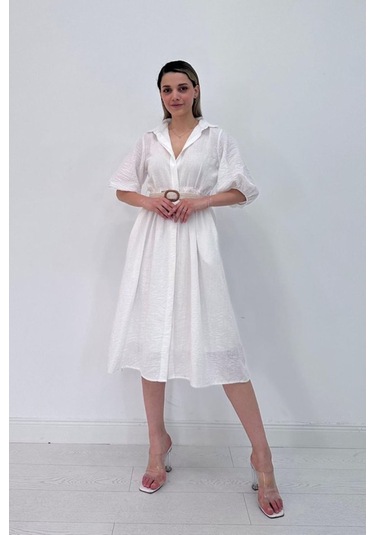 Beyaz Gizli Pat Yakalı Elbise Beyaz