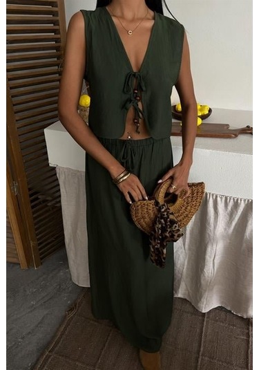 Yelek Önden Bağlamalı Uzun Etekli Takım 10192 Haki