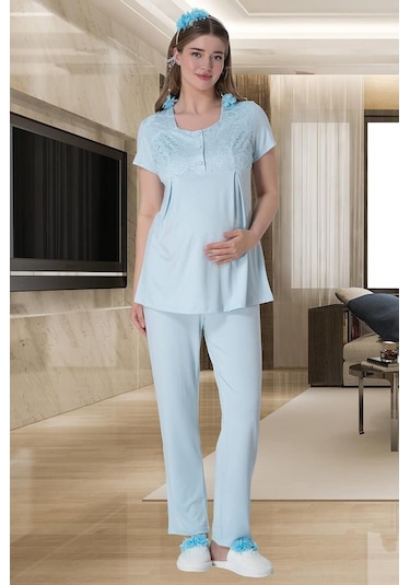 Mecit Pijama Mecit 6060 Bayan Mavi Sabahlık Gecelik Pijama Hamile Lohusa Set 001