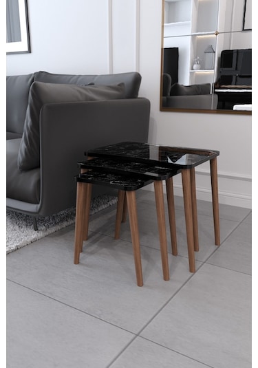 Zigon Sehpa & Yan Sehpa 3'Lü Ahşap Ayaklı Sehpa - Siyah Mermer