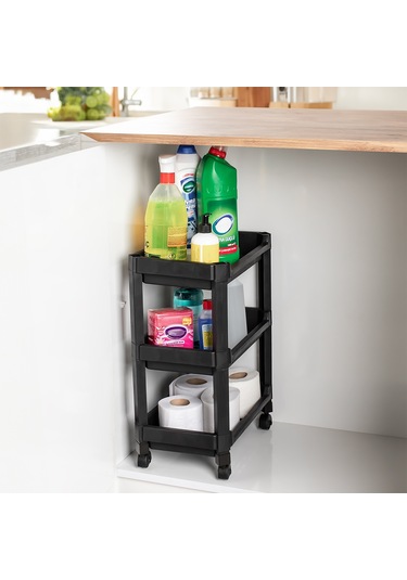 Porsima RAFTY-73-ECO-1 Tekerlekli 3 Katlı Düzenleyici - 35,5 x 22 x 48 cm Hareketli Geniş Raf - Siyah