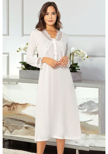 Xses 2500 Kadın Uzun Kollu Hamile Lohusa Gecelik-ekru