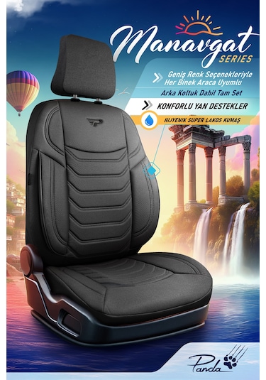 Siyah - Siyah Panda Manavgat Serısı Lakos Kumaş Oto Koltuk Kılıfı - Tam Set