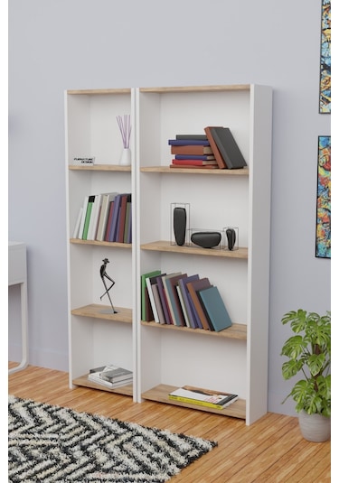 5 Raflı Arkalıklı Kitaplık Seti 1 Dar 1 Geniş 170cm Beyaz - A.çam