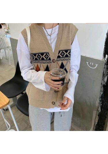 Moda V Yaka Örme Yelek Kadın Sonbahar Yeni Gevşek Montaj Vintage Hırka Kolsuz Üst Lacivert