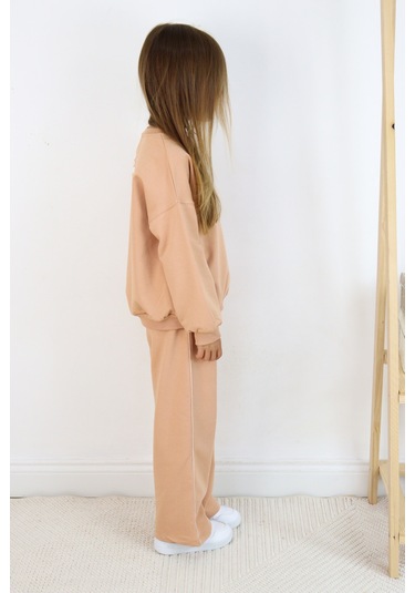 Kız Çocuk Hello Fun Baskılı İspanyol Paça İki İplik Eşofman Takımı Açık Kahverengi