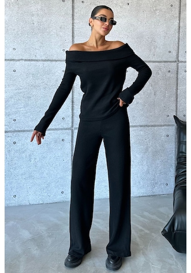Modagen Selanik Kumaş Madonna Yaka Alt Üst Pantolonlu Takım Siyah